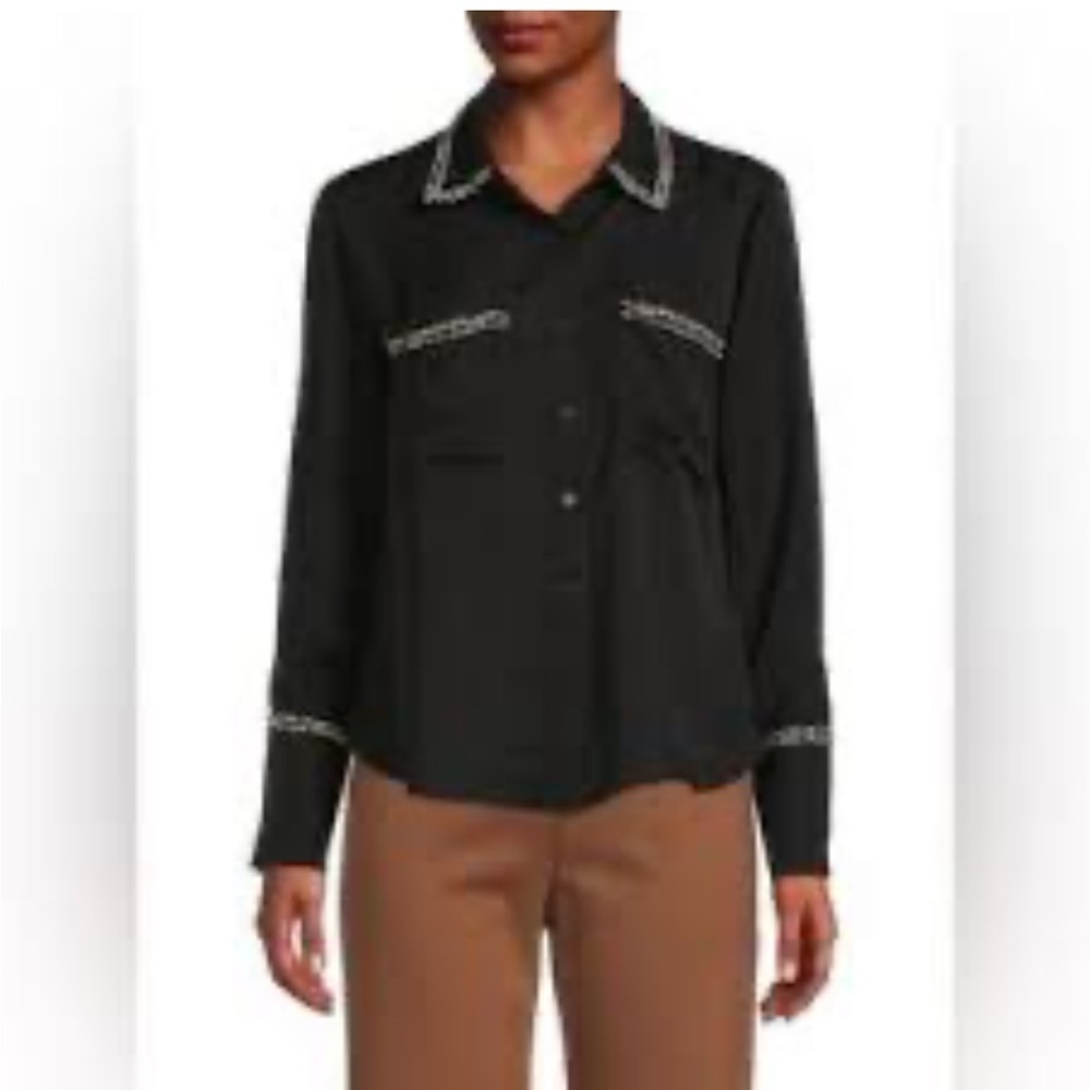 Zara Fuzzy Tweed Black & White Button-Up Blouse with Gold Buttons sz M